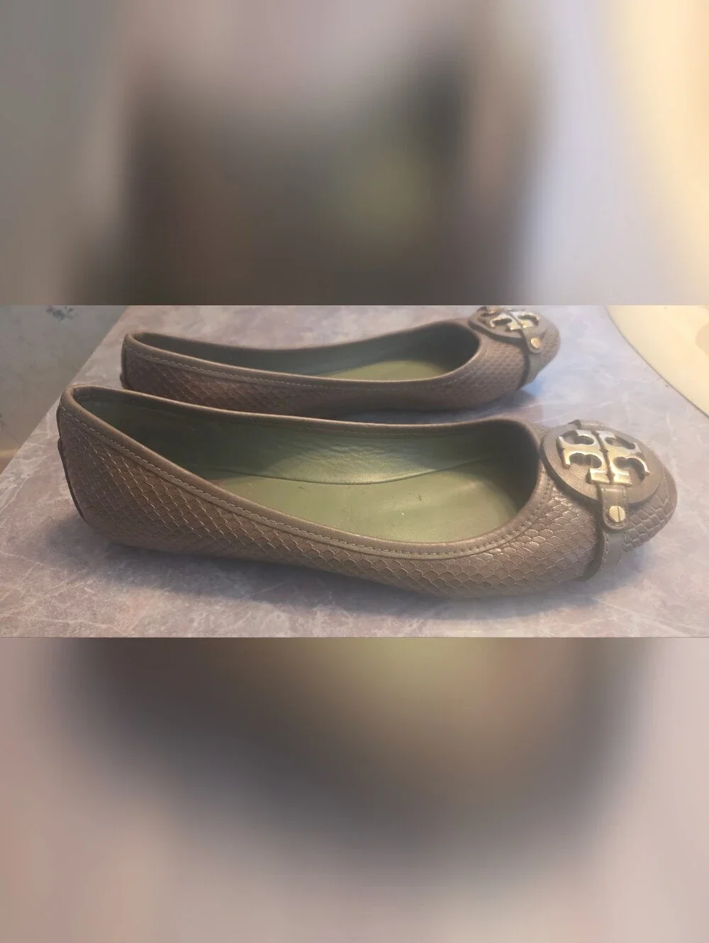 Tory Burch Dark Green Logo Ballet Flats